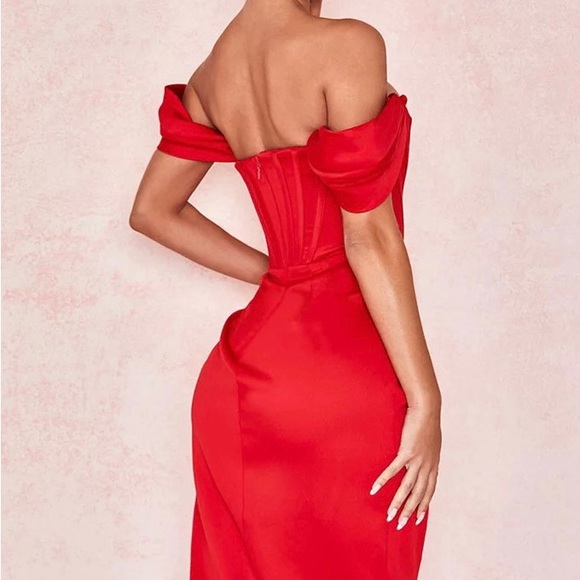 Beautiful red satin fishbone evening cocktail party corset dress L - Picture 4 of 9